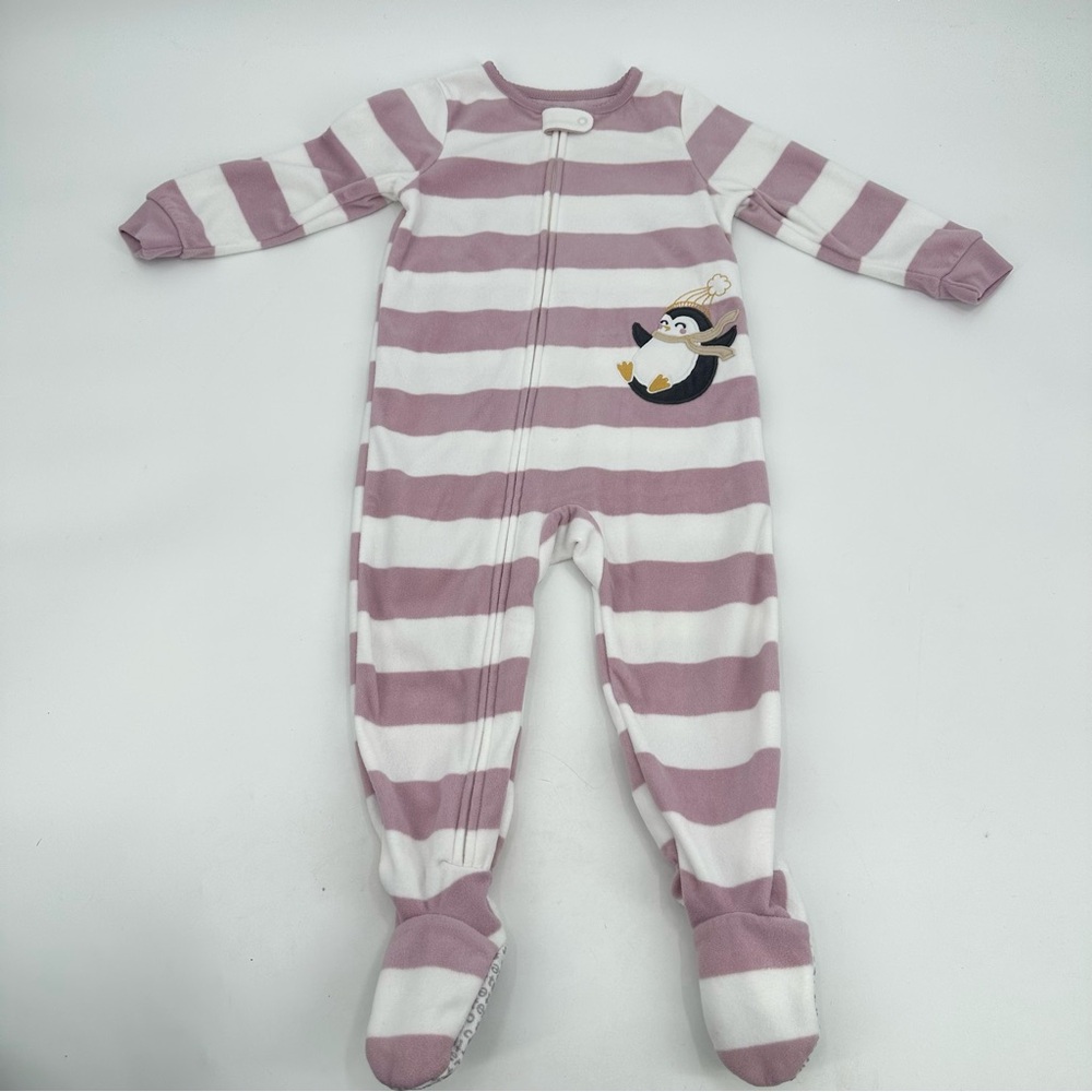 Carter's Fleece Pajamas Toddler 2T Footed Sleeper Zip Penguin Striped PJs 1pc